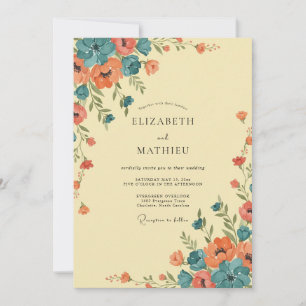 Convite Casamento de Flores Silvestres Coral Turquesa
