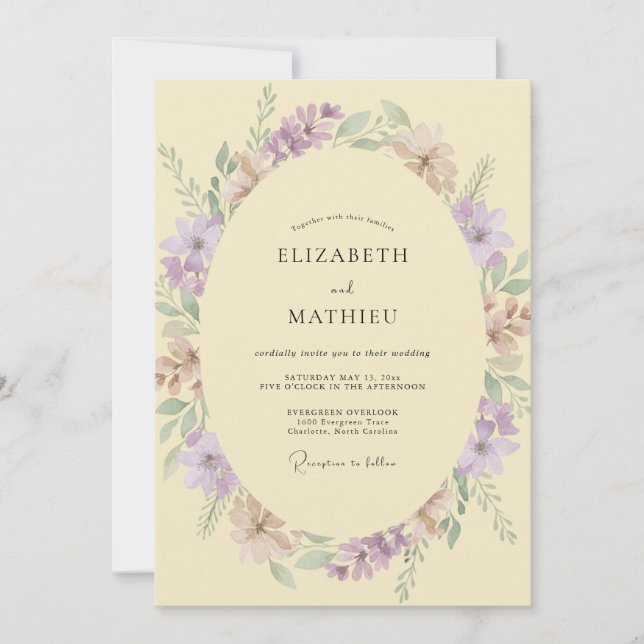 Convite Casamento de Flores Silvestres Creme Mauve (Frente)