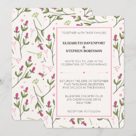 Convite Casamento de Flores Silvestres de Haste Longa Rosa