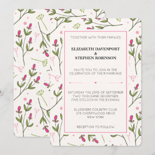 Convite Casamento de Flores Silvestres de Haste Longa Rosa