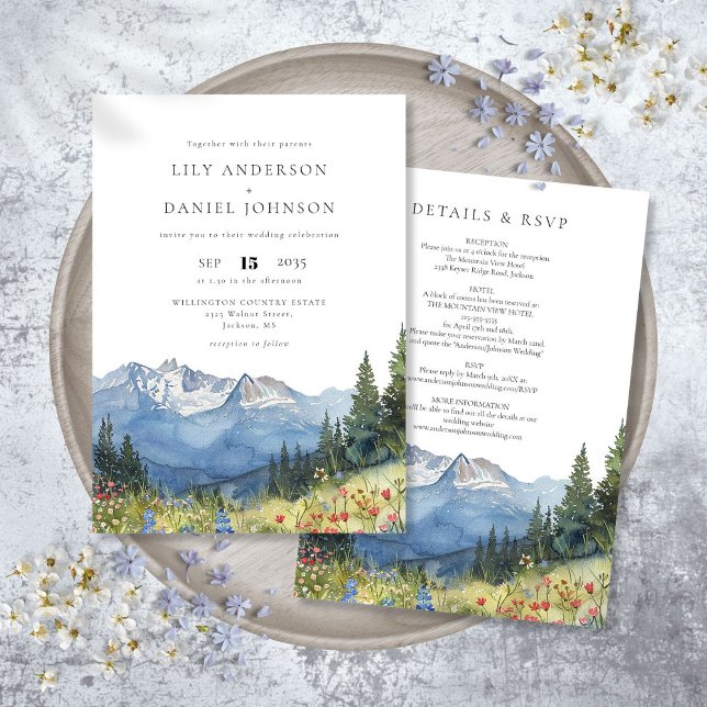 Convite Casamento de Flores Silvestres de Montanha em Aqua (Modern Watercolor Mountain Wildflower Wedding Invitation)
