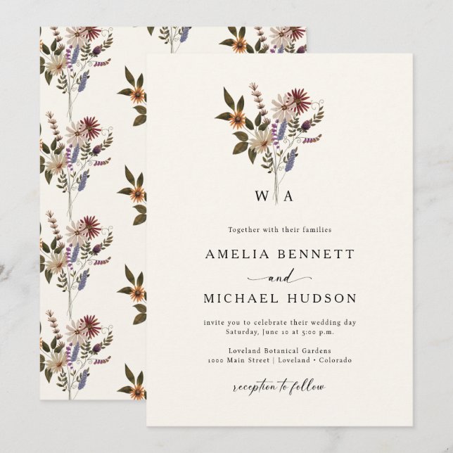 Convite Casamento de Flores Silvestres de Outono (Frente/Verso)