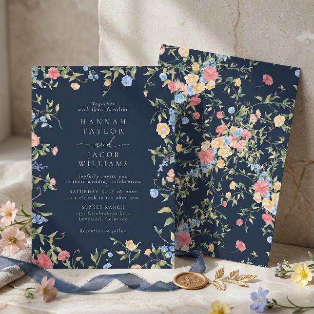 Convite Casamento de Flores Silvestres Delicadas Boho Azul (Criador carregado)