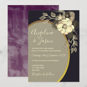 Convite Casamento de Flores Silvestres Dourado e Preto