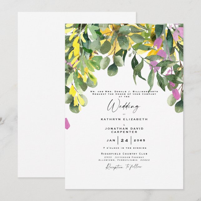 Convite Casamento de Flores Silvestres e Verdura Exuberant (Frente/Verso)