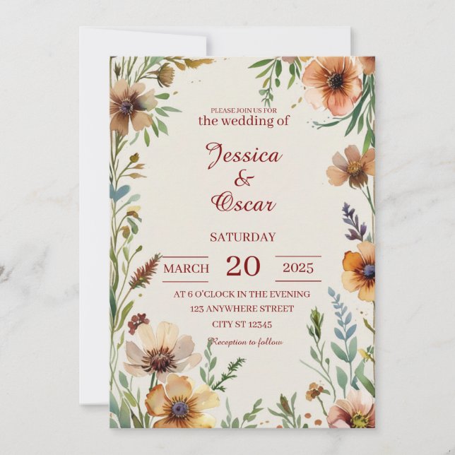 Convite Casamento de Flores Silvestres em Aquarela Inspira (Frente)
