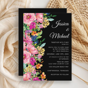 Convite Casamento de Flores Silvestres em Aquarela Preta R