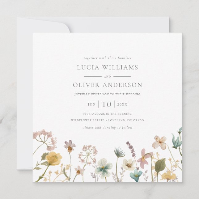 Convite Casamento de Flores Silvestres em Aquarela Quadrad (Frente)