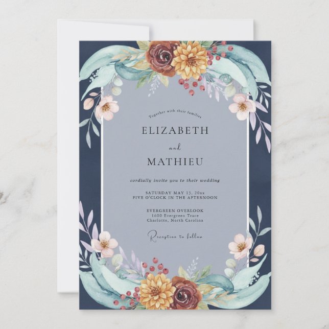Convite Casamento de Flores Silvestres Índigo Ferrugem (Frente)