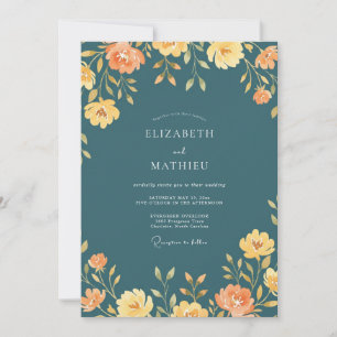 Convite Casamento de Flores Silvestres Laranja Azul-Verde