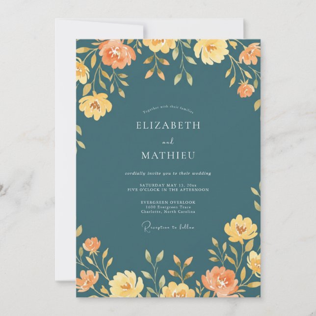 Convite Casamento de Flores Silvestres Laranja Azul-Verde (Frente)