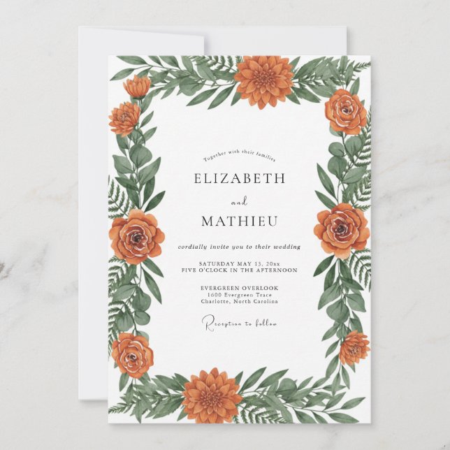 Convite Casamento de Flores Silvestres Laranja Queimada Pi (Frente)