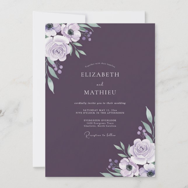 Convite Casamento de Flores Silvestres Lavanda Ametista (Frente)