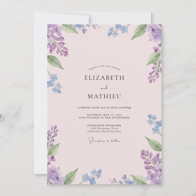 Convite Casamento de Flores Silvestres Lavanda e Periwinkl (Frente)