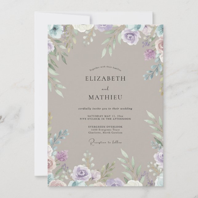 Convite Casamento de Flores Silvestres Lavanda Pálida Bege (Frente)