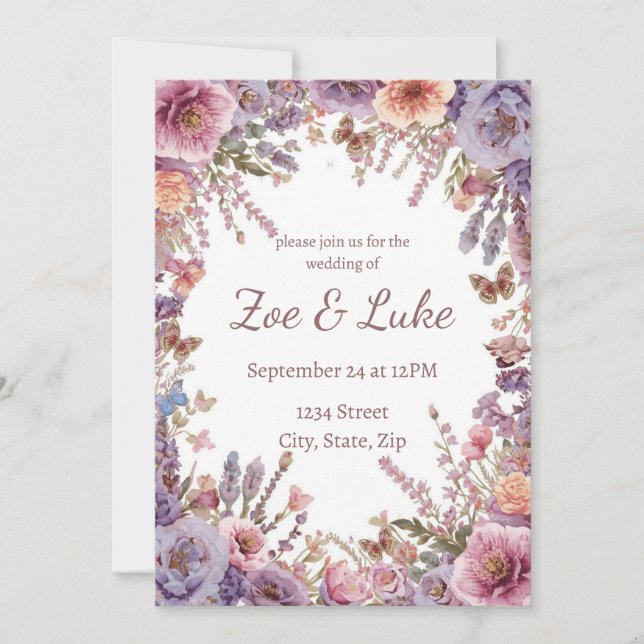 Convite Casamento de Flores Silvestres Lavanda Rosa Seca P (Frente)