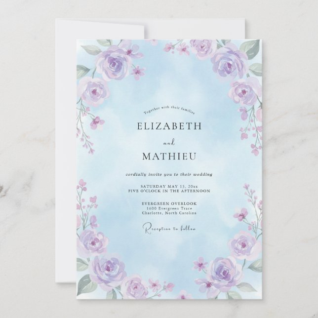 Convite Casamento de Flores Silvestres Lilás Céu (Frente)