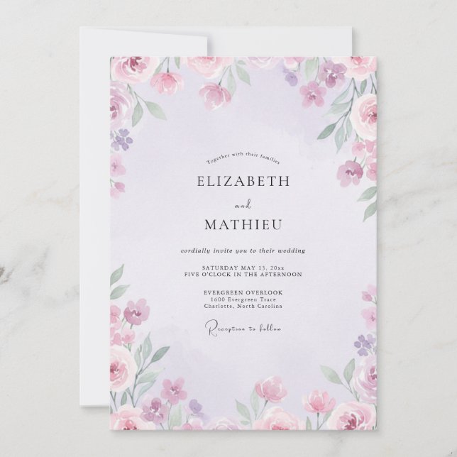 Convite Casamento de Flores Silvestres Lilás Sage (Frente)