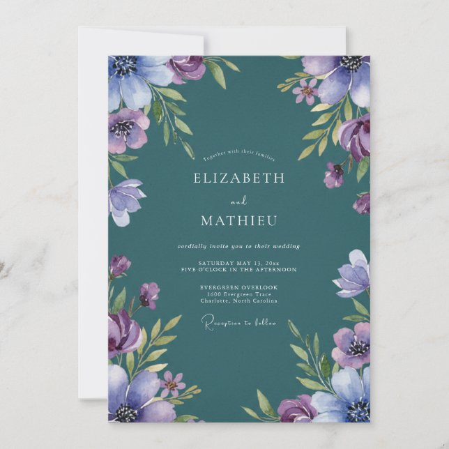 Convite Casamento de Flores Silvestres Lilás Teal (Frente)