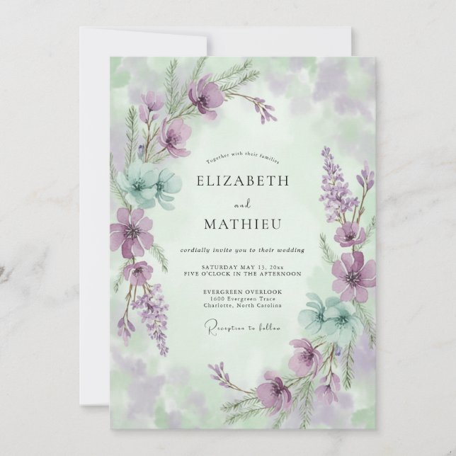 Convite Casamento de Flores Silvestres Mauve Aqua (Frente)