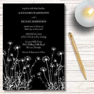 Convite Casamento de Flores Silvestres Modernas em Preto e