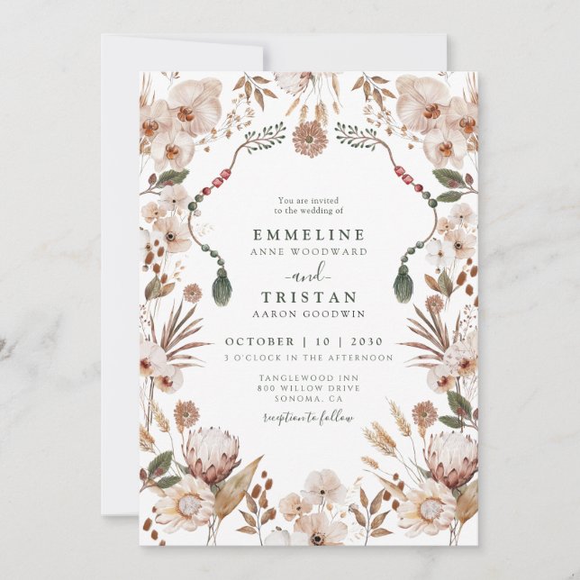 Convite Casamento de Flores Silvestres Neutras Boho (Frente)