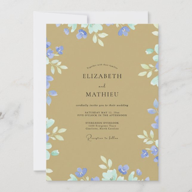 Convite Casamento de Flores Silvestres Ochre Periwinkle (Frente)