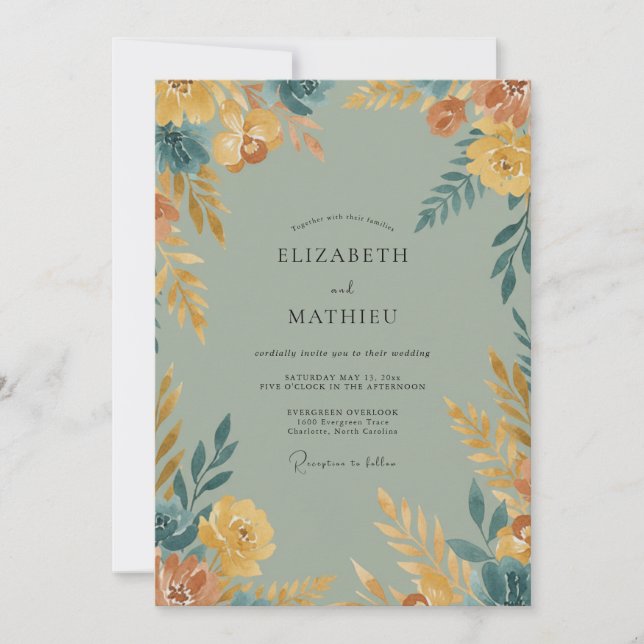 Convite Casamento de Flores Silvestres Ocre Dourado (Frente)