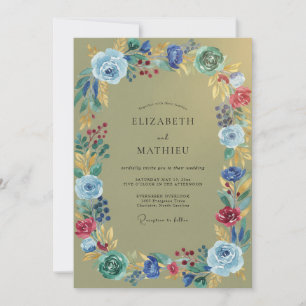 Convite Casamento de Flores Silvestres Oliva Cobalto