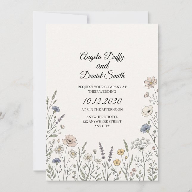 Convite Casamento de Flores Silvestres Pastel (Frente)