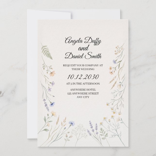 Convite Casamento de Flores Silvestres Pastel (Frente)