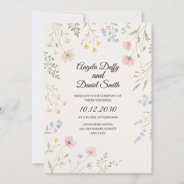 Convite Casamento de Flores Silvestres Pastel (Frente)
