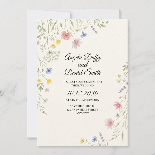 Convite Casamento de Flores Silvestres Pastel (Frente)
