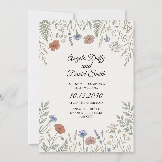 Convite Casamento de Flores Silvestres Pastel (Frente)
