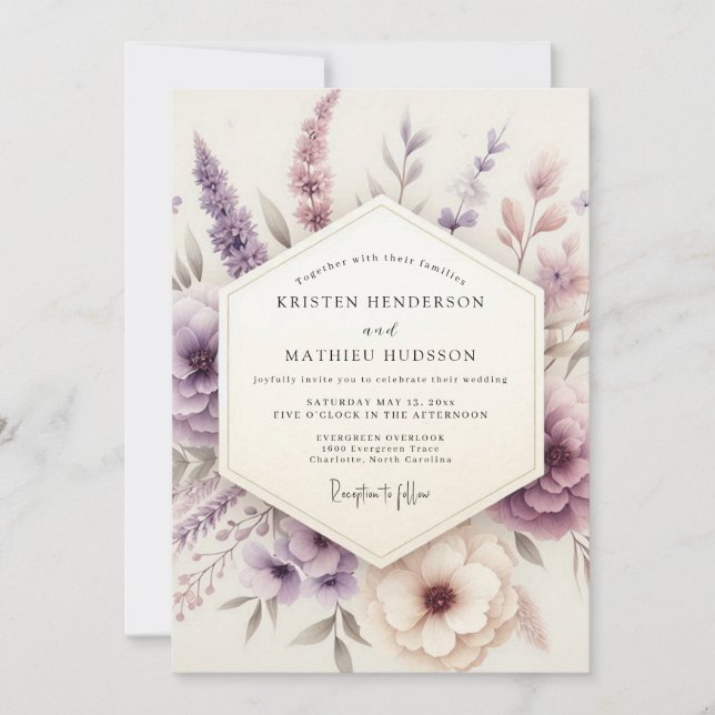 Convite Casamento de Flores Silvestres Pastel Lavanda (Frente)