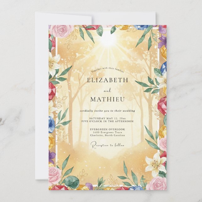 Convite Casamento de Flores Silvestres Pintadas a Ouro (Frente)