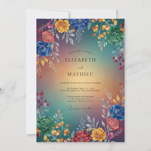 Convite Casamento de Flores Silvestres Pintadas com Cores  (Frente)