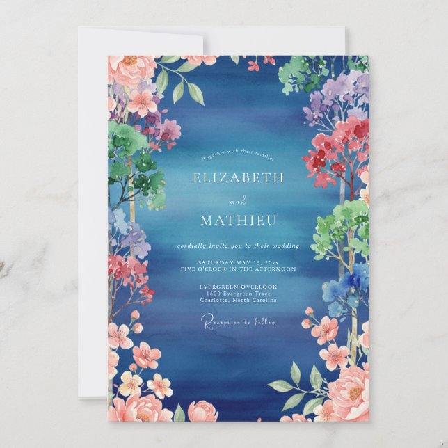 Convite Casamento de Flores Silvestres Pintadas de Índigo (Frente)
