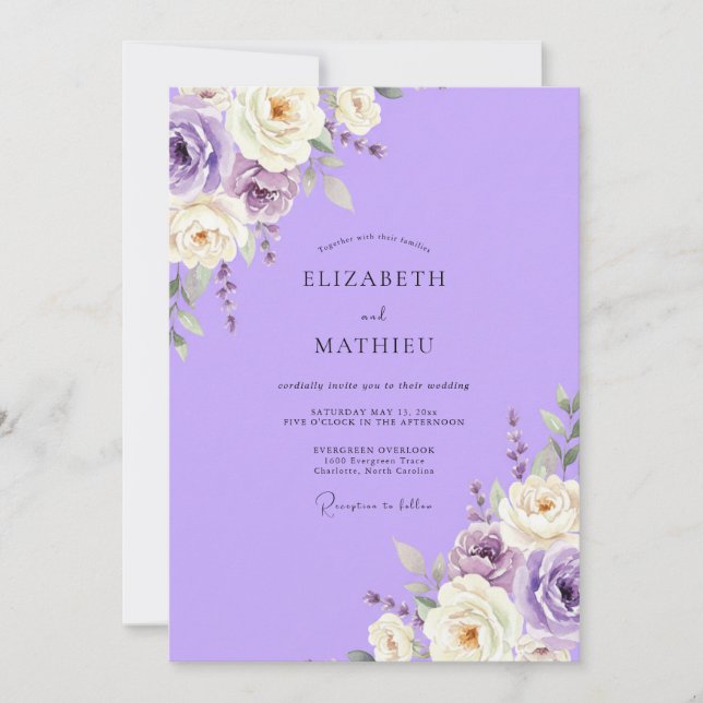 Convite Casamento de Flores Silvestres Pintadas de Lilás (Frente)