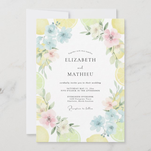 Convite Casamento de Flores Silvestres Pintadas em Pastel (Frente)
