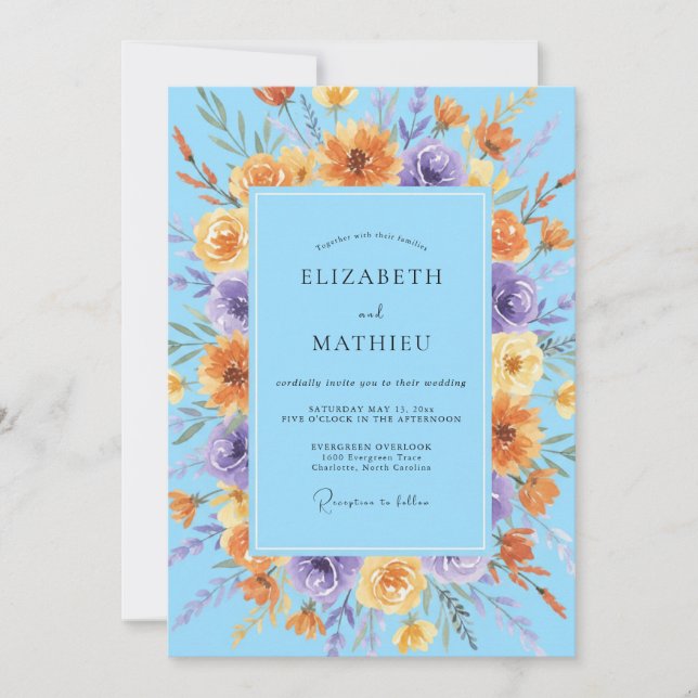 Convite Casamento de Flores Silvestres Radiantes Azure (Frente)