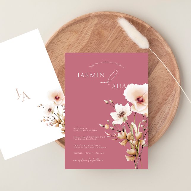Convite Casamento de Flores Silvestres Rosa Magenta Capric (Whimsical Magenta Pink Wildflowers Wedding Invitation)