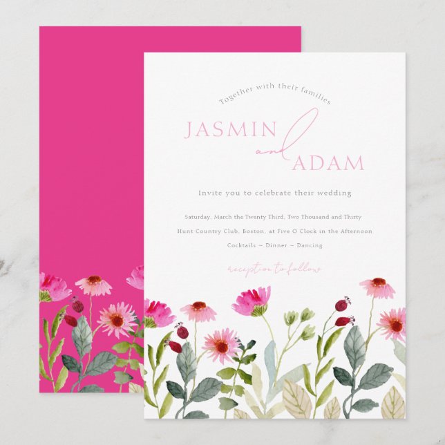 Convite Casamento de Flores Silvestres Rosa Moderno (Frente/Verso)