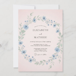 Convite Casamento de Flores Silvestres Rosa Pálido Azul Cé