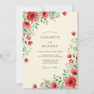 Convite Casamento de Flores Silvestres Vermelhas Elegantes