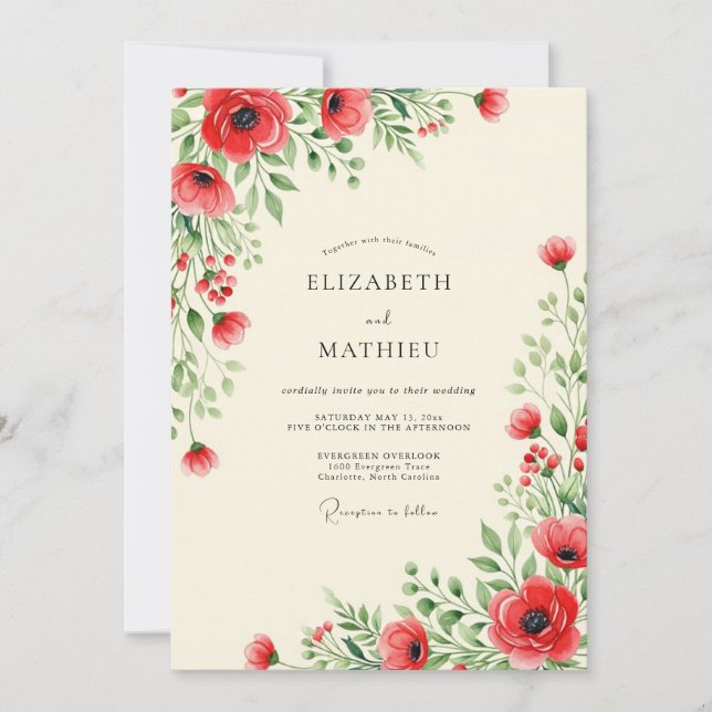 Convite Casamento de Flores Silvestres Vermelhas Elegantes (Frente)