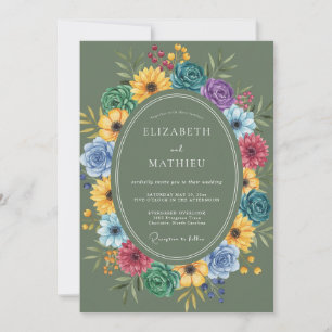 Convite Casamento de Flores Silvestres Vibrantes Oliva