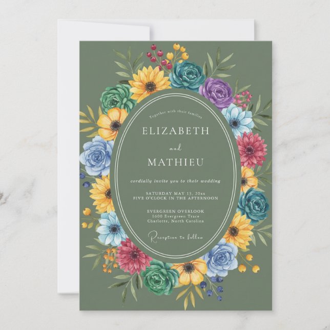 Convite Casamento de Flores Silvestres Vibrantes Oliva (Frente)