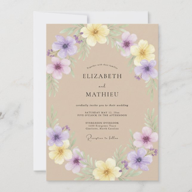 Convite Casamento de Flores Silvestres Violeta Areia (Frente)