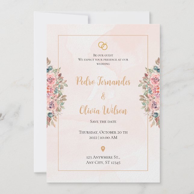 Convite Casamento de flores simples rosa (Frente)